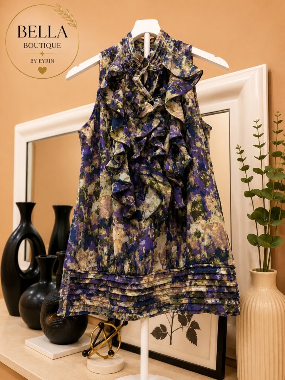 Jaipur Sleeveless Ruffle Floral Blouse – Blue & Purple | Size Small (S)